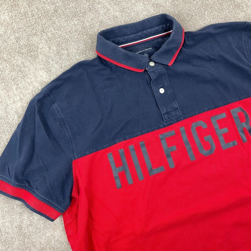 Tommy Hilfiger Polo Shirt Men‎ XL Red Colorblock Cotton Custom Fit Stretch Golf